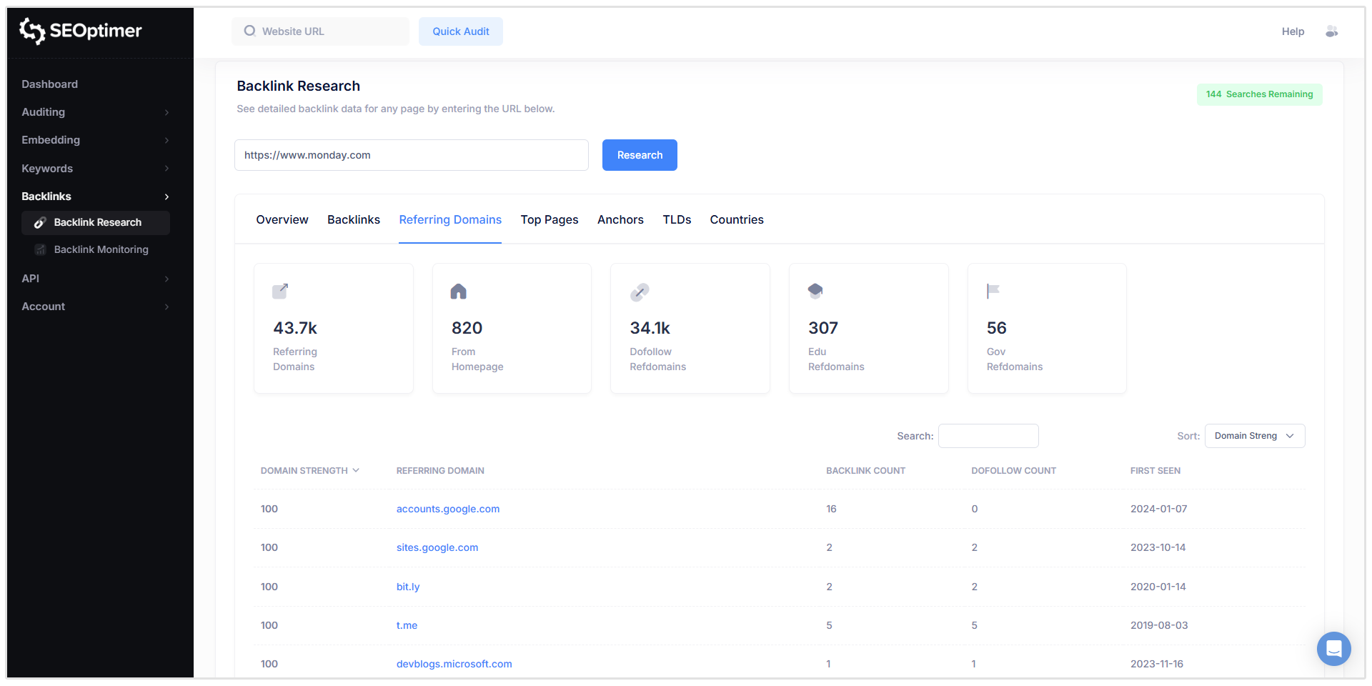 Referring domains tab